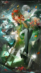 1girl absurdres black_boots boots breasts chinese_commentary ciaccona_(wuthering_waves) closed_eyes commentary_request copyright_notice dress full_body green_jacket highres jacket logo medium_breasts medium_hair musical_note official_art open_mouth pointy_ears red_hair ruoganzhao sidelocks smile solo tacet_mark_(wuthering_waves) thigh_boots thighs tree_horns white_dress wuthering_waves
