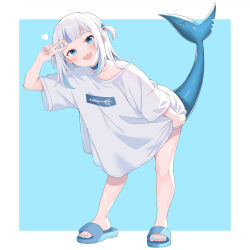 1girl bare_legs blue_background blue_choker blue_eyes blue_nail_polish blue_nails blue_streaks blue_toenails choker feet fins fish_girl fish_tail flip-flops gawr_gura hair_ornament highres hololive hololive_english leaning_forward lokyin_house looking_at_viewer loose_clothes loose_shirt multicolored_hair nail_polish oversized_clothes oversized_shirt peace_symbol sandals shark_girl shark_hair_ornament shark_tail sharp_teeth shirt short_hair sidelocks simple_background smile streaked_hair tail tail_raised teeth toenail_polish toenails virtual_youtuber white_hair white_shirt