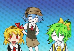 3girls animated animated_gif arms_behind_back ascot blonde_hair blue_hair blush bow brown_hat brown_shorts brown_vest chinese_commentary cirno cirno_(cookie) closed_eyes collared_shirt colored_skin commentary_request cookie_(touhou) cowboy_shot daiyousei diyusi_(cookie) fang green_eyes green_hair hair_between_eyes hair_bow hat headset kekaboke long_bangs looking_at_viewer looping_animation multiple_girls nadeko_(cookie) necktie open_mouth red_ascot red_bow red_necktie red_vest rumia shirt short_hair shorts smile touhou upper_body vest white_eyes white_shirt white_skin yellow_ascot yellow_bow