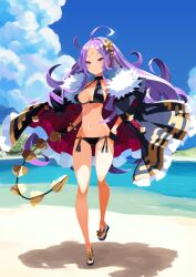 1girl ahoge arm_at_side bangle bare_shoulders beach bikini black_bikini black_cape black_gloves black_sandals blue_sky bracelet breasts breasts_apart cape clenched_hands closed_mouth clothing_cutout cloud facial_mark fate/grand_order fate_(series) floating_hair forehead_mark full_body fur-trimmed_cape fur_trim game_cg gloves gluteal_fold gold_bracelet groin hair_ornament half_gloves halterneck hand_on_own_hip harada_takehito holding holding_whip horizon jewelry leg_up long_hair long_sidelocks looking_at_viewer lowleg lowleg_bikini medium_breasts navel_cutout ocean official_art parted_bangs pink_eyes purple_hair sand sandals sidelocks sky smile solo standing standing_on_one_leg stomach swimsuit tassel third-party_source toes two-sided_cape two-sided_fabric variant_set very_long_hair wu_zetian_(fate) wu_zetian_(swimsuit_caster)_(fate) wu_zetian_(swimsuit_caster)_(third_ascension)_(fate)