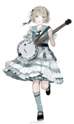 1girl banjo bare_arms belt black_belt black_bow black_hairband black_neckerchief black_shoes blonde_hair blue_dress blue_eyes blue_socks bow chinese_commentary commentary_request commission doll_joints dress eyelashes frilled_dress frilled_sleeves frills full_body grey_sleeves hair_bow hairband happy highres holding holding_instrument instrument joints kneehighs koaoto leg_up light_blush looking_at_viewer mary_janes medium_dress neckerchief open_mouth original plaid_clothes plaid_dress puffy_short_sleeves puffy_sleeves sample_watermark shoes short_hair short_sleeves simple_background smile socks solo standing watermark watermark_grid weibo_watermark white_background