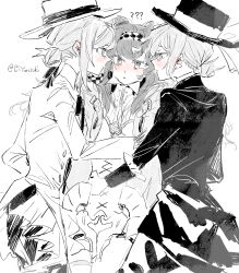 3girls ? ?? absurdres blush checkered_hairband coat commentary dress dual_persona girl_sandwich greyscale hair_bun hairband hashtag-only_commentary hat highres long_hair long_sleeves looking_at_another monochrome multiple_girls parted_lips reverse:1999 sandwiched single_side_bun sonetto_(reverse:1999) spot_color top_hat twitter_username vertin_(reverse:1999) ying_(suetmo) yuri