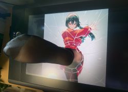 1girl akaza black_hair breasts broken_glass crack cracked_glass drawing_tablet dress earrings feet foot_focus foreshortening glass gold_earrings hairband hand_up highres jewelry kicking incoming_kick large_breasts leg_up looking_at_viewer mixed_media off-shoulder_sweater off_shoulder pantyhose photo_(medium) red_dress red_sweater shadow shattered short_hair_with_long_locks soles solo spy_x_family sweater sweater_dress through_medium through_screen toes twisted_torso yor_briar