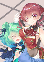 2girls absurdres ascot black_choker blush breasts choker closed_mouth cropped_jacket double_bun dress fang frilled_choker frills gloves green_dress green_hair hair_bun hair_ribbon highres hololive houshou_marine houshou_marine_(1st_costume) jacket large_breasts leotard leotard_under_clothes long_hair lr_(last_remote_514) medium_hair multiple_girls one_eye_closed open_mouth red_ascot red_eyes red_hair red_jacket red_ribbon red_skirt ribbon skirt sleeveless sleeveless_jacket small_breasts smile tongue tongue_out twintails uruha_rushia uruha_rushia_(1st_costume) virtual_youtuber white_gloves