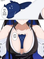 1girl absurdres between_breasts black_hair black_vest blue_hair breasts closed_mouth clothing_cutout colored_inner_hair commentary english_commentary english_text highres hololive hololive_english jailbird_(nerissa_ravencroft) large_breasts multicolored_hair nerissa_ravencroft nerissa_ravencroft_(1st_costume) ryuuki_(artist) shirt shoulder_cutout speech_bubble vest white_shirt