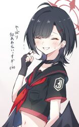 1girl ahoge alternate_hairstyle black_choker black_gloves black_hair black_shirt black_wings blue_archive blush choker closed_eyes collarbone commentary_request cropped_shirt facing_viewer fingerless_gloves flying_sweatdrops furrowed_brow gloves hair_ornament hairclip halo hand_up ichika_(blue_archive) inofuchi navel neckerchief playing_with_own_hair red_neckerchief shirt short_hair short_sleeves simple_background smile solo stomach swept_bangs white_background wings wolf_cut