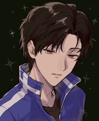1boy absurdres black_background black_eyes black_hair black_shirt blue_jacket closed_mouth collared_jacket erinan highres jacket karasuma_kyousuke looking_at_viewer male_focus shirt short_hair solo upper_body v-neck world_trigger