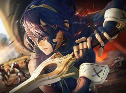 1girl blood blue_gloves blue_hair blue_shirt cape falchion_(fire_emblem) fingerless_gloves fire_emblem fire_emblem_heroes gloves lucina_(fire_emblem) marth_(fire_emblem_awakening) mask maze_draws nintendo scratches shirt soldier sword tiara twitter_username war weapon