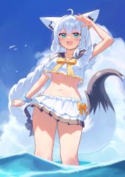 Rule 34 | 1girl, :d, absurdres, alternate costume, alternate hairstyle, animal ears, aqua eyes, bikini, black sailor collar, blue sky, braid, braided ponytail, cloud, day, fox ears, fox girl, fox tail, highres, hololive, holonatsu paradise, long hair, looking at viewer, navel, ocean, open mouth, outdoors, pentagram, revision, sailor collar, shirakami fubuki, shirakami fubuki (holonatsu paradise), single braid, sky, smile, solo, swimsuit, tail, thighs, verdey, virtual youtuber, wading, white bikini, white hair