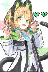 Rule 34 | 1girl, absurdres, animal ear headphones, animal ears, aqua bow, aqua necktie, black jacket, black shorts, black tail, blonde hair, blue archive, blunt bangs, blush, bow, broken heart, buttons, cat ear headphones, cat ears, cat tail, claw pose, collared shirt, commentary, cowboy shot, fake animal ears, fake tail, green background, green eyes, green halo, green jacket, hair bow, halo, hands up, headphones, heart, highres, hood, hooded jacket, jacket, long sleeves, long tail, looking at viewer, low-tied sidelocks, midori (blue archive), mltsora, multicolored jacket, necktie, open clothes, open jacket, open mouth, outline, parted bangs, pink background, pixel heart, purple jacket, school uniform, shirt, short hair, short necktie, shorts, sidelocks, simple background, solo, tail, two-sided fabric, two-sided jacket, unbuttoned, unbuttoned jacket, untucked shirt, white background, white jacket, white outline, white shirt