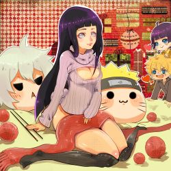 1boy 2girls ahoge bed bottomless breasts cleavage cleavage_cutout clothing_cutout heart highres hyuuga_hinata knitting meme_attire mother_and_daughter mother_and_son multiple_girls naruto:_the_last naruto_(series) ootsutsuki_toneri open-chest_sweater scarf sitting socks sweater thighhighs uzumaki_boruto uzumaki_himawari uzumaki_naruto whiskers yarn