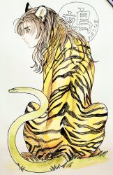 Rule 34 | 1boy, animal ears, brown hair, closed mouth, full body, grass, human head, long hair, looking to the side, male focus, monster boy, nue, original, simple background, sitting, sleipnirrrr, slit pupils, snake head tail, solo, tail, tiger boy, tiger ears, translation request, white background, yellow eyes