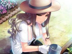 Rule 34 | angry, asuhara misa, casual, curly hair, flower, frown, garden, gardening, glaring, gloves, hat, kneeling, long hair, looking at viewer, motto nee chanto shiyou yo!, silver hair, squatting, straw hat, sumeragi kohaku, sunlight, towel, tsurime, watering can