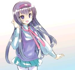 00s 1girl bad_id bad_pixiv_id female_focus gradient_background gundam gundam_00 hairband hariko long_hair pantyhose purple_hair skirt solo wang_liu_mei