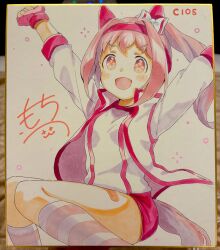 1girl :d animal_ears arms_up bandaid bandaid_on_leg blush bow buruma commentary_request ear_bow feet_out_of_frame fingerless_gloves flower-shaped_pupils gloves gym_shirt gym_uniform hairband haru_urara_(umamusume) highres horse_ears horse_girl horse_tail jacket knees_together_feet_apart looking_at_viewer moko39_takasora open_clothes open_jacket open_mouth photo_(medium) pink_hair ponytail red_buruma red_gloves red_hairband shirt signature smile socks solo striped_clothes striped_socks symbol-shaped_pupils tail traditional_media umamusume white_bow white_jacket white_shirt