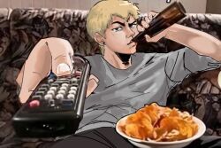 1boy blonde_hair bowl chips_(food) controller couch drinking earrings food great_teacher_onizuka grey_shirt holding holding_remote_control jewelry kororidrazom looking_at_viewer man_watching_tv_(meme) meme on_couch onizuka_eikichi remote_control shirt short_hair short_sleeves sitting solo