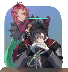Rule 34 | 1boy, 1girl, armor, black hair, breasts, cleavage, dark skin, fire emblem, fire emblem: three houses, fire emblem warriors: three hopes, green eyes, hapi (fire emblem), hapi (timeskip) (fire emblem), highres, hubert von vestra, hubert von vestra (timeskip), large breasts, medium hair, messy hair, nintendo, official alternate costume, official alternate hairstyle, red eyes, red hair, shoulder armor, uluchi rice