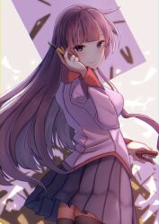 Rule 34 | 1girl, absurdres, bakemonogatari, black thighhighs, blue eyes, boxcutter, breasts, from behind, highres, holding, holding boxcutter, holding stapler, kurenai06250504, long hair, long sleeves, looking at viewer, looking back, medium breasts, monogatari (series), naoetsu high school uniform, pleated skirt, purple hair, purple shirt, school uniform, senjougahara hitagi, shirt, skirt, solo, thighhighs, very long hair, zettai ryouiki