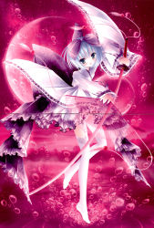 Rule 34 | 1girl, bow, female focus, full body, full moon, garter straps, hair bow, hand fan, highres, holding, holding fan, japanese clothes, katana, lace, lace-trimmed thighhighs, lace trim, lolita fashion, looking at viewer, moon, non-web source, original, ripples, short hair, solo, sword, thighhighs, tinker bell (pixiv 10956015), wa lolita, weapon, white hair
