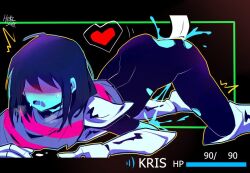 1boy 1other 2018 ahoge aqua_skin armor armored_boots armored_gloves artist_name black_background black_bodysuit blue_hair bob_cut bodysuit boots clothed_sex colored_skin commentary deltarune disembodied_penis doggystyle drooling english_commentary foot_out_of_frame gameplay_mechanics gloves heart heki_(miss60250) knee_boots kris_(deltarune) letterboxed motion_lines mouth_drool no_eyes open_mouth other_focus other_with_male penis scarf sex sex_from_behind short_hair short_sleeves shoulder_armor simple_background solo_focus striped_clothes striped_scarf sweat top-down_bottom-up torn_bodysuit torn_clothes two-tone_scarf white_boots white_gloves