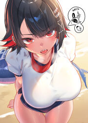 1girl absurdres bangboo_(zenless_zone_zero) beach black_hair blush breast_focus breasts colored_inner_hair ellen_joe fins fish_tail gym_uniform hair_ornament highres large_breasts metal_hairband mole mole_under_eye multicolored_hair nicchi open_mouth razor_blade_hair_ornament red_eyes red_nails shark_girl shark_tail sharp_teeth shirt short_hair solo sweat tail teeth thick_thighs thigh_gap thighs tongue wet wet_clothes wet_shirt zenless_zone_zero