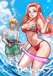 1boy 1girl :d :o bare_shoulders bernard_wiseman bikini blonde_hair blue_eyes breasts christina_mackenzie cleavage commentary dated energy_sword green_eyes green_swim_trunks gun gundam gundam_0080 highres holding holding_beam_saber holding_gun holding_weapon large_breasts male_swimwear navel okrdisk2000 open_mouth red_bikini red_hair shirt sidelocks smile swim_trunks swimsuit sword weapon wet wet_clothes wet_shirt white_shirt