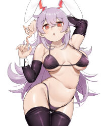1girl absurdres animal_ears bikini black_bikini black_gloves black_thighhighs breasts cleavage collarbone commentary_request cowboy_shot elbow_gloves gloves highres large_breasts long_hair looking_at_viewer messy_hair navel open_mouth purple_hair rabbit_ears rabbit_girl red_eyes reisen_udongein_inaba simple_background solo swimsuit thighhighs touhou white_background ylong