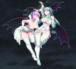 2girls absurdres bat_wings blunt_bangs breasts bridal_lingerie cloud commission crescent crescent_moon darkstalkers demon_wings dress elbow_gloves flying full_body gloves green_eyes head_wings highres ledy lilith_(darkstalkers) lingerie long_hair looking_at_viewer moon morrigan_aensland multiple_girls night purple_eyes purple_hair revealing_clothes short_hair sky smile star_(sky) starry_sky thigh_strap thighhighs underwear wedding_dress white_dress white_gloves white_thighhighs wings