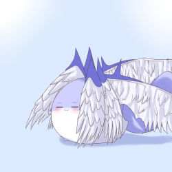 :3 angel_wings blue_background blush closed_eyes multiple_wings no_humans noiz sariel_(touhou) shadow solo sukusuku_hakutaku tail touhou touhou_(pc-98) wings