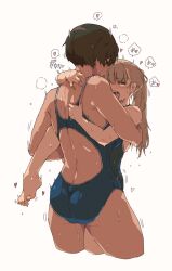 2girls competition_swimsuit height_difference highres kei_(m_k) m_k multiple_girls one-piece_swimsuit orgasm original rika_(m_k) standing sweat swimsuit tall_female tomboy yuri