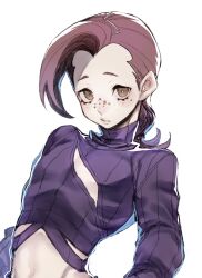 1boy blush braid brown_eyes cleavage_cutout clothing_cutout eyelashes freckles highres jojo_no_kimyou_na_bouken long_bangs long_hair looking_at_viewer low-tied_long_hair male_focus midriff navel pink_hair purple_sweater raised_eyebrows sen_(aypj8447) solo sweater trap turtleneck turtleneck_sweater upper_body vento_aureo vinegar_doppio white_background