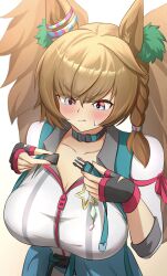 1girl absurdres animal_ears belt black_gloves blast_onepiece_(umamusume) blue_belt blue_eyes blush braid breasts brown_hair buckle collared_jacket commentary_request ear_ornament fingerless_gloves frown gloves hair_ornament highres horse_ears horse_girl jacket large_breasts long_hair long_sleeves multicolored_nails pilinthia simple_background single_braid snap-fit_buckle solo star_ornament twintails umamusume upper_body very_long_hair white_background white_jacket