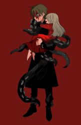 1boy 1girl black_coat black_eyes bleeding blood blood_from_forehead blood_on_face brown_hair carrying carrying_person child child_carry coat commentary_request dress full_body green_hair hug long_hair newo_(shinra-p) original red_background red_dress short_hair simple_background standing tentacles