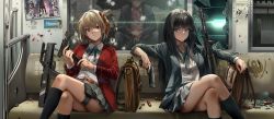 Rule 34 | 1boy, 2girls, ammunition, belt, benelli m4 super 90, black hair, blonde hair, blue eyes, blue ribbon, bob cut, bullet hole, chiappa rhino, collared shirt, finger on trigger, folding gun, green ribbon, grey skirt, gun, hair ribbon, handgun, highres, holding, holding gun, holding weapon, inoue takina, long hair, low bore axis revolver, lycoris recoil, lycoris uniform, m1911, machine pistol, magazine (weapon), magpul fmg-9, majima (lycoris recoil), miniskirt, multiple girls, neck ribbon, neko (yanshoujie), nishikigi chisato, pleated skirt, pouch, pump-action shotgun, pump action, purple eyes, rail (weapon), red belt, red eyes, red ribbon, reflection, revision, revolver, ribbon, rifle, s&amp;w m&amp;p, semi-automatic shotgun, shirt, short hair, shotgun, shotgun shell, sitting, skirt, submachine gun, thigh pouch, thigh strap, train interior, transforming weapon, weapon, weapon request, white shirt, witness holes