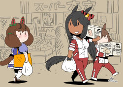 3girls animal_ears bag black_hair brown_hair brown_shoes carrot closed_mouth commentary_request dark-skinned_female dark_skin ear_covers ear_scrunchie full_body gym_uniform hishi_amazon_(umamusume) horse_ears horse_girl horse_tail jacket long_hair looking_at_another looking_to_the_side low_twintails multicolored_jacket multiple_girls nice_nature_(umamusume) onikobe_rin pants pleated_skirt potato puffy_short_sleeves puffy_sleeves purple_shirt red_jacket red_pants school_uniform shinko_windy_(umamusume) shirt shoes shopping_bag short_hair short_sleeves skirt smile solid_oval_eyes standing summer_uniform tail thighhighs tracen_school_uniform tracen_training_uniform translation_request twintails two-tone_jacket umamusume walking white_jacket white_skirt white_thighhighs