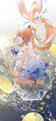 Rule 34 | 1girl, absurdres, barefoot, bow-shaped hair, dress, duplicate, fish, floating hair, food, fruit, genshin impact, hair ornament, hand on own chin, highres, lemon, lemon slice, long hair, open mouth, pink hair, sailor dress, sangonomiya kokomi, swirl, swkl:d, umbrella, water, white dress