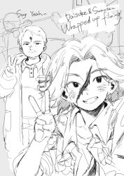 Rule 34 | 2boys, alternate universe, blush, bullet wound, closed mouth, collared shirt, cowboy shot, daisuke (mouthwashing), fake blood, good end, greyscale, grin, hair intakes, hand up, highres, jacket, long sleeves, looking at viewer, monochrome, mouthwashing, multiple boys, paki2000, shirt, smile, spoilers, swansea (mouthwashing), upper body, v