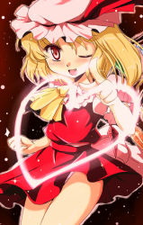 1girl bare_legs blonde_hair female_focus flandre_scarlet flx hat heart looking_at_viewer panties pantyshot pink_panties short_hair side_ponytail solo touhou underwear wink