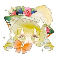 1girl :d bow chin_strap chinese_commentary commentary_request drill_hair flower green_eyes green_hair green_headwear head_only highres leaf long_hair looking_at_viewer open_mouth orange_bow pink_flower portrait red_flower red_rose reverse:1999 rose simple_background smile solo sotheby sparkle tetee twin_drills white_background