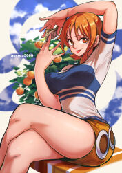 1girl :p aosora2823 arm_up artist_name bare_legs breasts commentary crossed_legs english_commentary feet_out_of_frame food fruit fruit_tree hair_between_eyes happy_birthday highres holding holding_money large_breasts legs looking_at_viewer miniskirt money nami_(one_piece) nami_(one_piece)_(east_blue) one_piece orange_(fruit) orange_eyes orange_hair shirt short_hair short_sleeves shorts sitting skirt solo striped_clothes striped_shirt thighs tongue tongue_out tree watermark