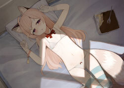 1girl animal_ears bandaged_arm bandages blue_thighhighs bow bow_panties bowtie bra brown_hair commentary flat_chest hands_up hashtag-only_commentary highres komachi_panko long_hair looking_at_viewer lying navel ok1teru on_back open_mouth panties phase_connect pink_hair red_bow red_bowtie red_eyes red_panda_ears red_panda_girl red_panda_tail solo striped_clothes striped_thighhighs tail thick_eyebrows thighhighs underwear underwear_only virtual_youtuber white_bra white_panties