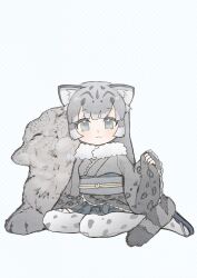 1girl :3 animal_print belt blue_belt blue_sandals blunt_bangs blush frilled_kimono frills fur_collar grey_eyes grey_hair grey_kimono grey_skirt grey_thighhighs highres japanese_clothes kemo24vv kemono_friends kimono leopard_print long_hair long_sleeves looking_at_viewer obi pleated_skirt print_kimono print_thighhighs sandals sash short_kimono sidelocks sitting skirt snow_leopard snow_leopard_(kemono_friends) snow_leopard_ears snow_leopard_girl snow_leopard_tail solo thighhighs white_fur white_hair yokozuwari zettai_ryouiki
