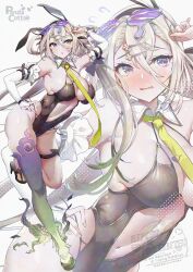 Rule 34 | 1girl, animal ears, armband, bare shoulders, black one-piece swimsuit, breasts, cleavage, eyewear on head, fake animal ears, fate/grand order, fate (series), fire, frilled armband, frills, green fire, green necktie, grey hair, hair between eyes, hair rings, highleg, highleg one-piece swimsuit, highres, huyan zhuo (fate), huyan zhuo (swimsuit) (fate), large breasts, long hair, looking at viewer, multicolored hair, navel, necktie, novelty glasses, one-piece swimsuit, rabbit ears, sasakuma kyouta, solo, sunglasses, swimsuit