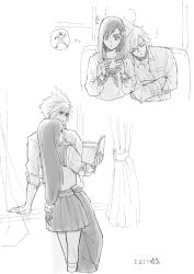 1boy 1girl arm_support baseball book cloud_strife cloud_strife_(midgard_seventh_high_school) collared_shirt commentary_request cropped_torso crossed_arms curtains drinking drinking_straw feet_out_of_frame final_fantasy final_fantasy_vii final_fantasy_vii_ever_crisis greyscale hair_ornament hair_scrunchie hairclip head_on_another&#039;s_shoulder height_difference highres holding holding_book holding_phone long_hair long_sleeves low-tied_long_hair miniskirt monochrome neckerchief ninnin5tora phone pleated_skirt reading sailor_collar school_uniform scrunchie serafuku shirt short_hair skirt sleeping sleeves_rolled_up speech_bubble spiked_hair standing thought_bubble tifa_lockhart tifa_lockhart_(midgard_seventh_high_school) upper_body watching window