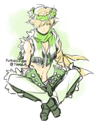 1boy alternate_color armband blonde_hair closed_mouth expressionless flower full_body fumiddition fur-trimmed_shirt fur-trimmed_shorts fur_trim gloves green_gloves green_scarf green_shirt grey_shorts head_wreath long_bangs looking_at_viewer male_focus midriff navel pants pants_under_shorts pointy_ears ragnarok_online scarf shirt short_hair shorts simple_background sitting sleeveless sleeveless_shirt sniper_(ragnarok_online) solo white_background white_flower white_pants yellow_eyes