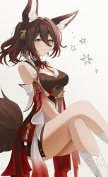 1girl absurdres animal_ear_fluff animal_ears armpit_crease bare_shoulders breasts brown_dress brown_hair cleavage closed_mouth commentary detached_sleeves dress fox fox_ears fox_girl fox_tail gradient_sleeves green_eyes hair_between_eyes highres honkai:_star_rail honkai_(series) jewelry large_breasts looking_at_viewer ponytail revision sinonomemikann sitting smile solo tail thighs tingyun_(harmony)_(honkai:_star_rail) tingyun_(honkai:_star_rail)