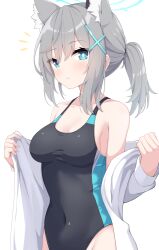 1girl ^^^ absurdres animal_ear_fluff animal_ears black_one-piece_swimsuit blue_archive blue_eyes breasts competition_swimsuit covered_navel cross_hair_ornament enru extra_ears grey_hair hair_ornament halo highres looking_at_viewer low_ponytail medium_breasts medium_hair mismatched_pupils multicolored_swimsuit one-piece_swimsuit open_clothes open_shirt ponytail shiroko_(blue_archive) shiroko_(swimsuit)_(blue_archive) shirt simple_background solo swimsuit white_background white_shirt wolf_ears