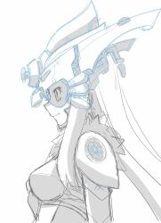 1girl armor armored_leotard breasts digimon digimon_(creature) female_focus fur_collar helmet highres hudiemon leotard long_hair medium_breasts ph6xeivbgpimggg reconstruction shoulder_armor sideview sketch solo solo_focus spot_color