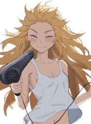 1girl bare_shoulders blonde_hair blush breasts closed_mouth collarbone drying drying_hair closed_eyes fate/apocrypha fate_(series) hair_dryer highres holding holding_hair_dryer long_hair mordred_(fate) mordred_(fate/apocrypha) navel small_breasts smile solo tank_top tonee white_tank_top