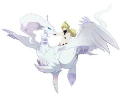 1boy collared_shirt gen_5_pokemon green_hair green_shoes jaho jewelry legendary_pokemon long_hair male_focus n_(pokemon) necklace nintendo pokemon pokemon_(creature) pokemon_bw reshiram riding riding_pokemon shirt shoes simple_background sitting smile undershirt white_background